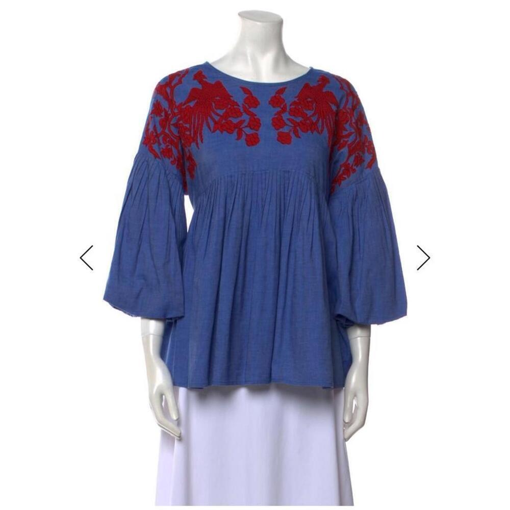 NWT Hemant & Nandita Blue and Red Embroidered Women's Lianna Blouse Size S
